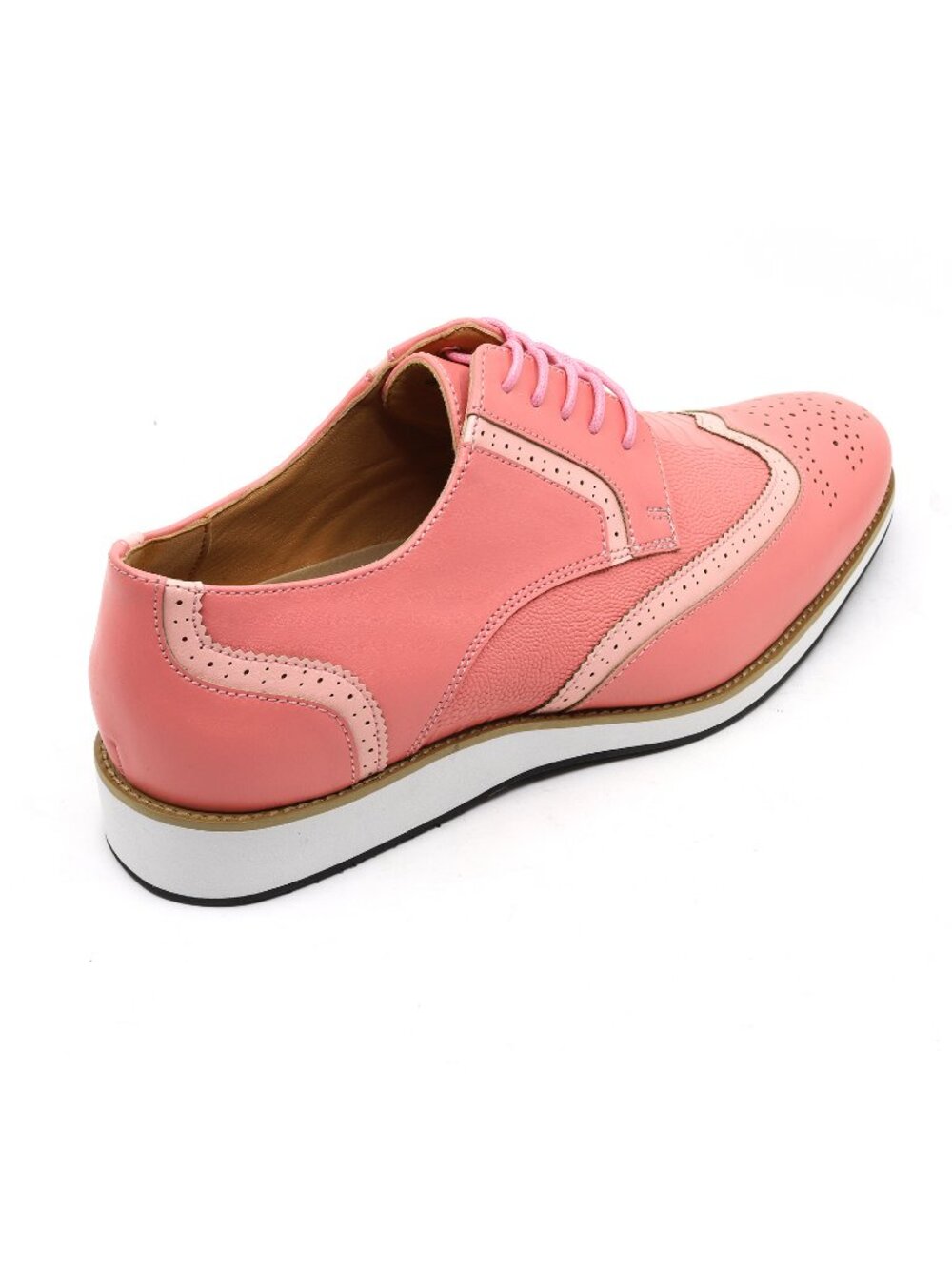 Pink Men's Dress Shoes, Wing tip Brogue Lace-Up Oxford, White Rubber Sole - Picture 3 of 5